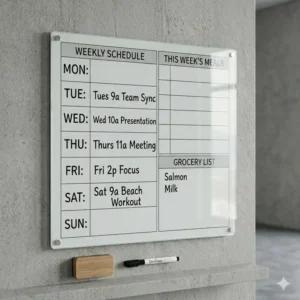 A desk-sized dry erase board with weekly planner designed to help students track school assignments.