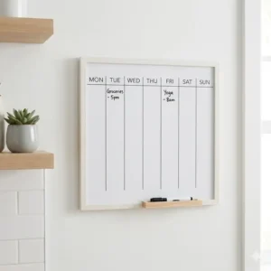 A minimalist white framed weekly planner board for wall used as a functional decor piece.