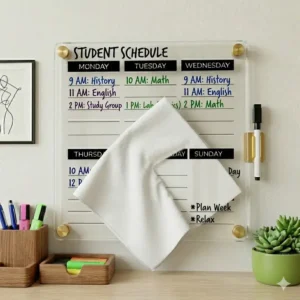 High-quality non-ghosting surface of a weekly dry erase board being wiped clean with a microfiber cloth.