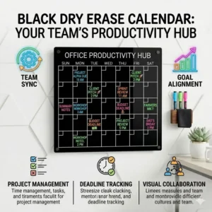 A professional office setting featuring a black dry erase calendar for team project management.