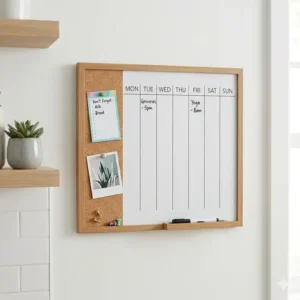 Detail view of the bottom cork strip on a weekly planner board for wall for pinning paper notes.