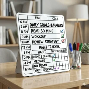 A compact desktop dry erase daily schedule placed on a workspace for quick access to today's top priorities.
