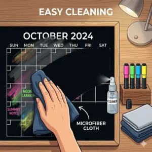 A person cleaning a black dry erase calendar surface with a microfiber cloth and spray.