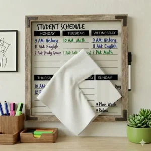 Decorative framed weekly dry erase board that blends into a farmhouse-style living room entryway.