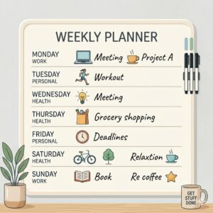 Aesthetic minimalist dry erase weekly planner featuring a clean white layout and sans-serif typography.