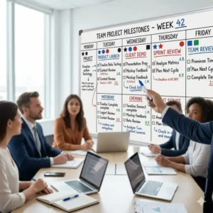 A corporate meeting room featuring a weekly planner dry wipe board for tracking team project milestones.
