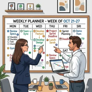 A large format week whiteboard calendar used in a corporate setting for professional team planning.