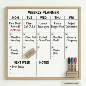 Using a weekly calendar dry erase board for effective business task management and scheduling.