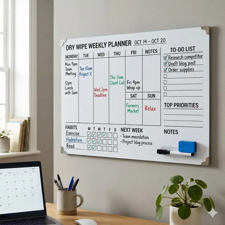 A sleek dry wipe weekly planner mounted on a modern home office wall with color-coded tasks and a magnetic marker.