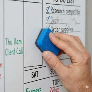 Close-up of a hand erasing a note on a dry wipe weekly planner surface showing no ghosting or stains.