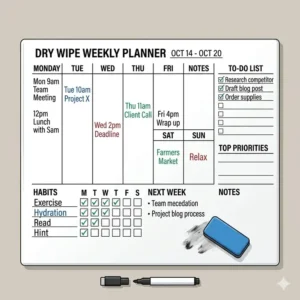 An overhead illustration of a dry wipe weekly planner layout featuring sections for daily goals, habits, and notes.