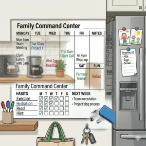 A dry wipe weekly planner used as a family command center on a kitchen fridge to track appointments and meal plans.