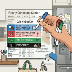 Illustration of different colored dry erase markers being used to categorize tasks on a dry wipe weekly planner board.