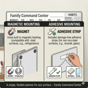 Diagram showing the magnetic backing and adhesive strips for a versatile dry wipe weekly planner.