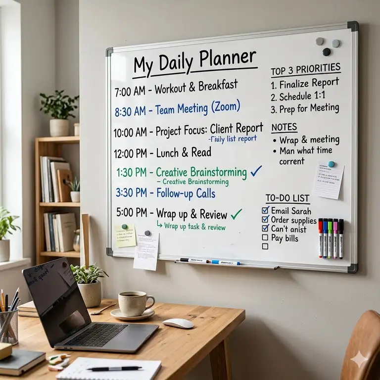 A wall-mounted daily planner whiteboard in a modern home office showing a detailed schedule and checklist.