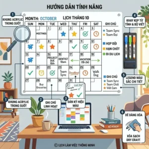 An illustrated diagram highlighting the main features of a dry erase wall calendar, including the magnetic surface, modern border design, and a dedicated notes section.