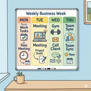 A minimalist home office setup with a small, magnetic weekly white board used for tracking daily work tasks.