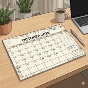 Size comparison showing a large desk calendar next to a laptop to demonstrate scale.