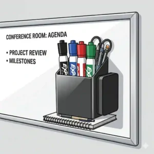 Modern conference room whiteboard featuring a wall mounted dry erase marker holder with office stationery.