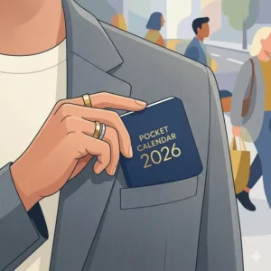 A person sliding a small, compact pocket calendar 2026 into their jacket pocket to show its portable size.