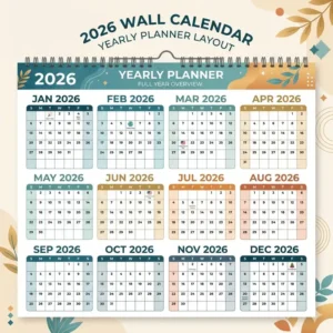 Full twelve month yearly planner overview of a 2026 wall calendar for long term scheduling.