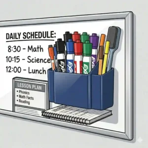 A durable plastic dry erase marker holder mounted on a classroom whiteboard next to a daily schedule.