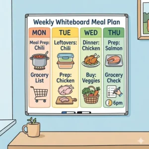 A bright kitchen scene with a weekly white board mounted on the refrigerator, displaying a meal plan.