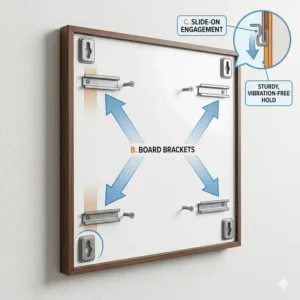 A step-by-step diagram showing the easy wall-mounting process for a sturdy weekly wall calendar dry erase board.