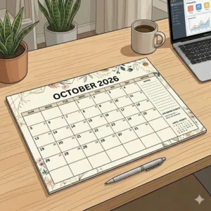 Close-up view of a large desk calendar monthly grid with lined blocks for daily tasks.