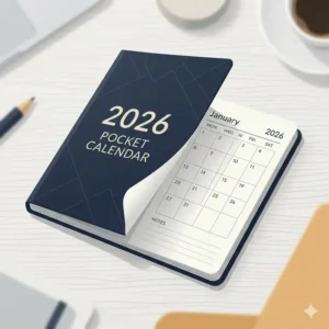 Flat lay illustration of a minimalist pocket calendar 2026 with clean typography and a simple grid view.