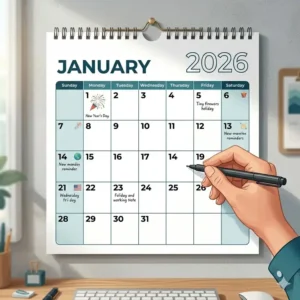 Close up of the January monthly page on a 2026 wall calendar with large daily grids.