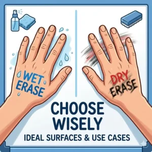An instructional guide illustrating ideal surfaces and use cases for wet dry erase markers."