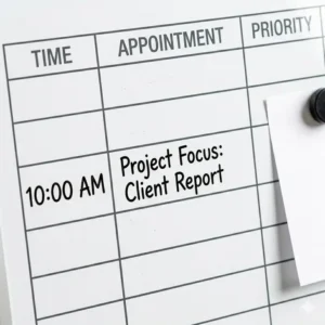 A set of colorful dry erase markers and a magnetic eraser organized next to a daily planner whiteboard.