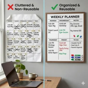 Side-by-side comparison between a messy paper planner and an organized, reusable weekly wall calendar dry erase board.
