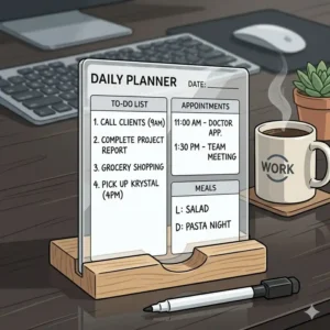 An acrylic dry erase daily planner on a wooden stand used for office productivity and habit tracking.