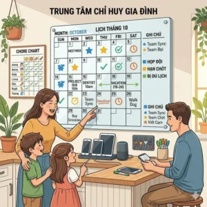 A colorful illustration of a kitchen family command center featuring a magnetic dry erase wall calendar tracking school events, meal plans, and chores.