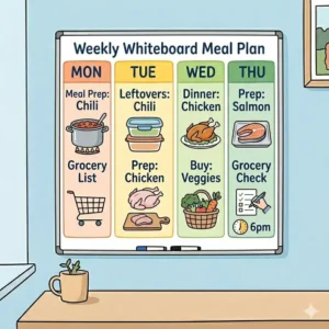 A close-up view of a student's weekly white board filled with exam dates, homework assignments, and study times.
