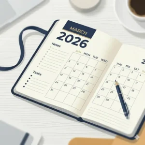 Close-up concept showing the interior monthly planner pages of a pocket calendar 2026 with space for notes.