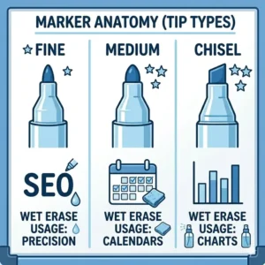 A detailed diagram displaying the fine, medium, and chisel tip types of wet dry erase markers."
