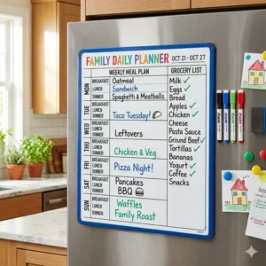 A magnetic daily planner whiteboard on a refrigerator used for tracking family meals and grocery lists.