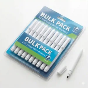 A 12-pack set of white-barreled white dry erase markers organized in a retail box.