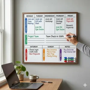A family organization system using color-coded markers on a weekly wall calendar dry erase board to track activities.