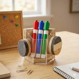 A creative DIY dry erase marker holder homemade from upcycled materials on a desktop workspace.