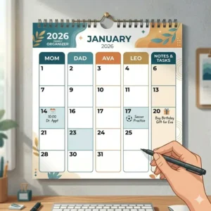 Multi column family organizer style 2026 wall calendar to manage multiple schedules.