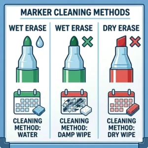 A step by step chart explaining the proper cleaning methods for wet dry erase markers using water."