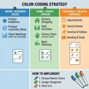 An graphic illustration demonstrating how to use different colored dry erase markers on a dry erase wall calendar to categorize tasks, work deadlines, and personal appointments.