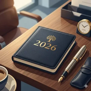 A premium leather-bound pocket calendar 2026 placed next to a luxury fountain pen for business professionals.