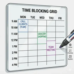 A detailed view of a dry erase daily planner with a pre-printed hourly schedule for time blocking.