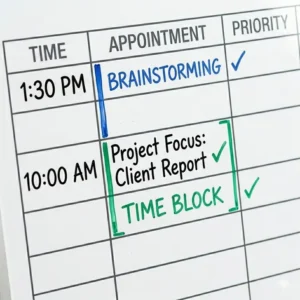 An illustrated guide on how to use a daily planner whiteboard for time blocking and peak productivity management.