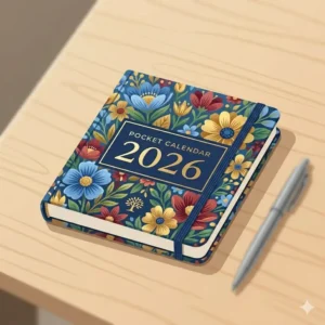 Colorful illustration of a pocket calendar 2026 featuring a vibrant floral cover design.